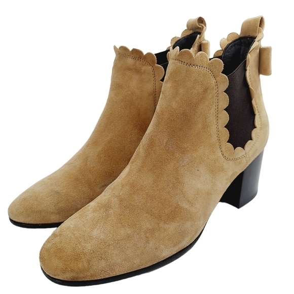 Kate Spade Garden Scalloped Ankle Booties Size 6.5 Tan Suede Pull-On Block Heel - Picture 1 of 15